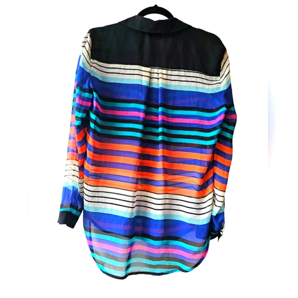 Bisou Bisou Bold Bright Colorful Striped Chiffon Sheer Button up Blouse Top - Picture 3 of 13
